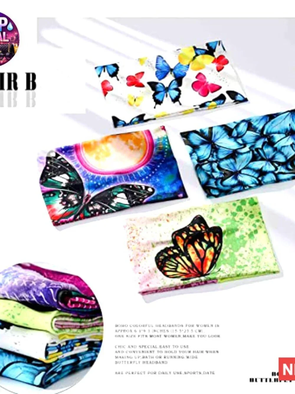 Wide Boho Headbands Butterfly Stretch Button Hair Bands Headwrap